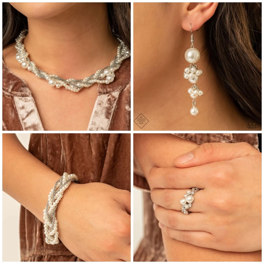 Paparazzi Jewelry Set White Pearl Beads Silver Necklace Earrings Bracelet Ring